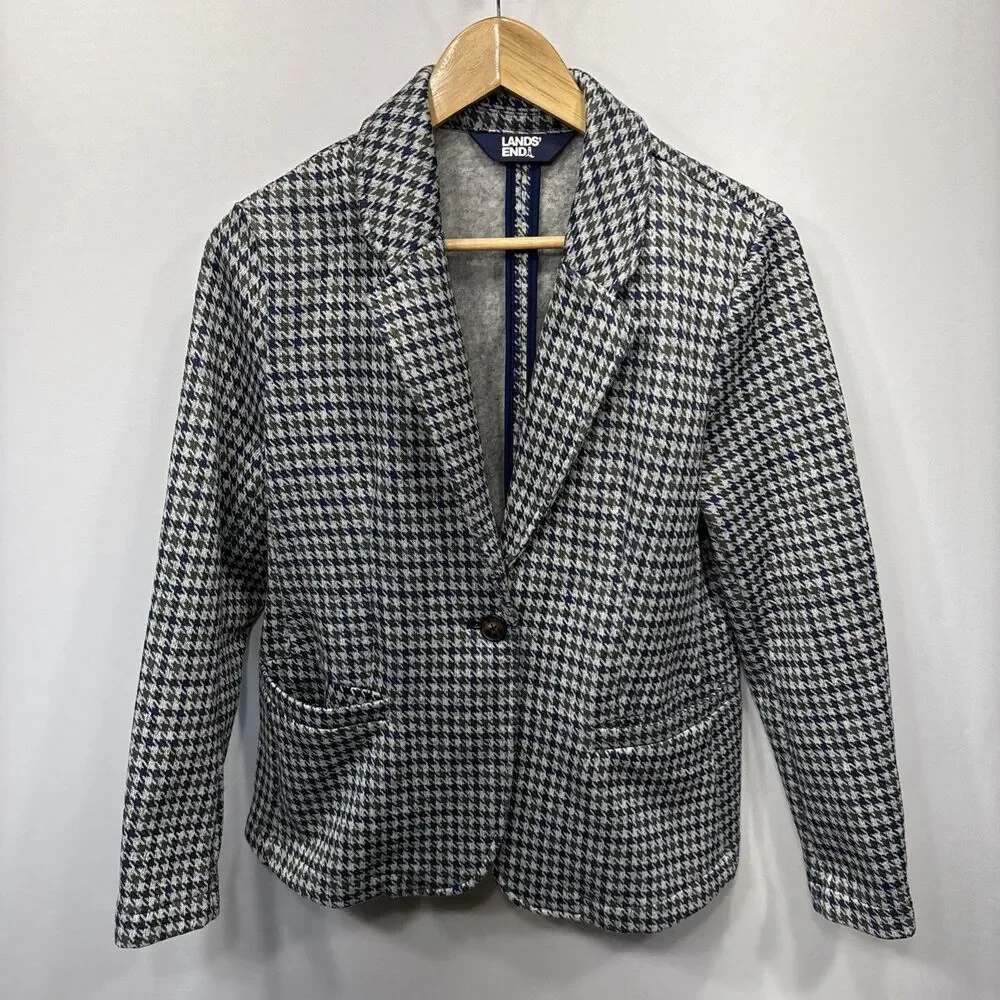 Lands’ End Knit Blazer M Petite Gray Houndstooth Blue Green One Button Career